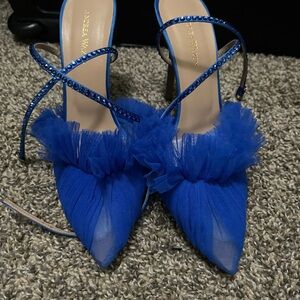 Amina Muaddi Blue Heels with Striking Bow and Pointed Toe